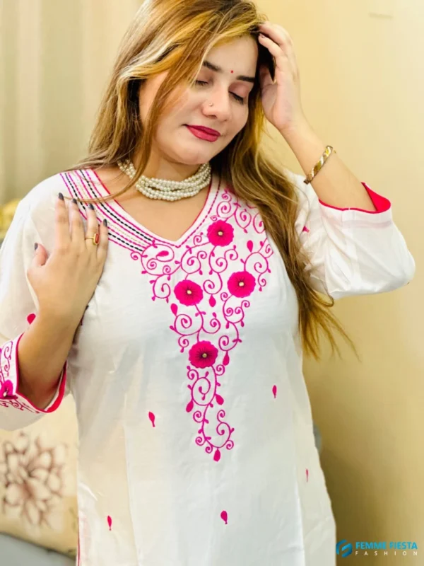White  premium Muslin kameez with pink thread floral detail applique embroidery - Image 2