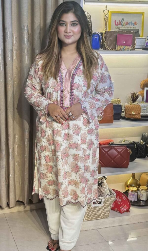 Lulusar-Style Georgette Co-Ord Set – Off White with Purple & Pink - Image 2