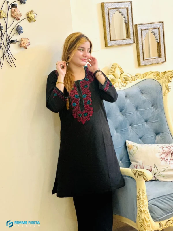 Black premium Dubai creep kameez with under tone of fabric color and purple floral detail embroidery with velvet fabric - Image 3