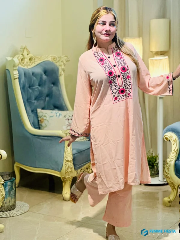 Premium Dubai georgette  kameez with purple & black floral detail embroidery - Image 5