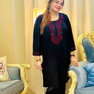 Black premium Dubai creep kameez with under tone of fabric color and purple floral detail embroidery with velvet fabric