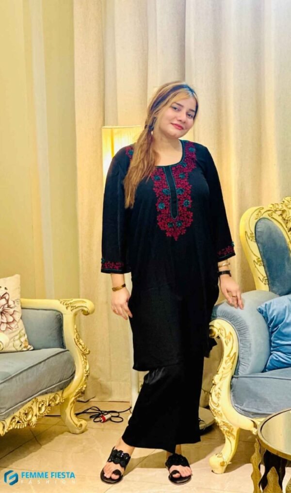 Black premium Dubai creep kameez with under tone of fabric color and purple floral detail embroidery with velvet fabric