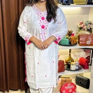 White  premium Muslin kameez with pink thread floral detail applique embroidery
