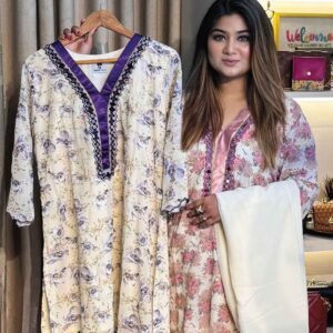 Lulusar-Style Georgette Co-Ord Set – Off White with Purple & Pink