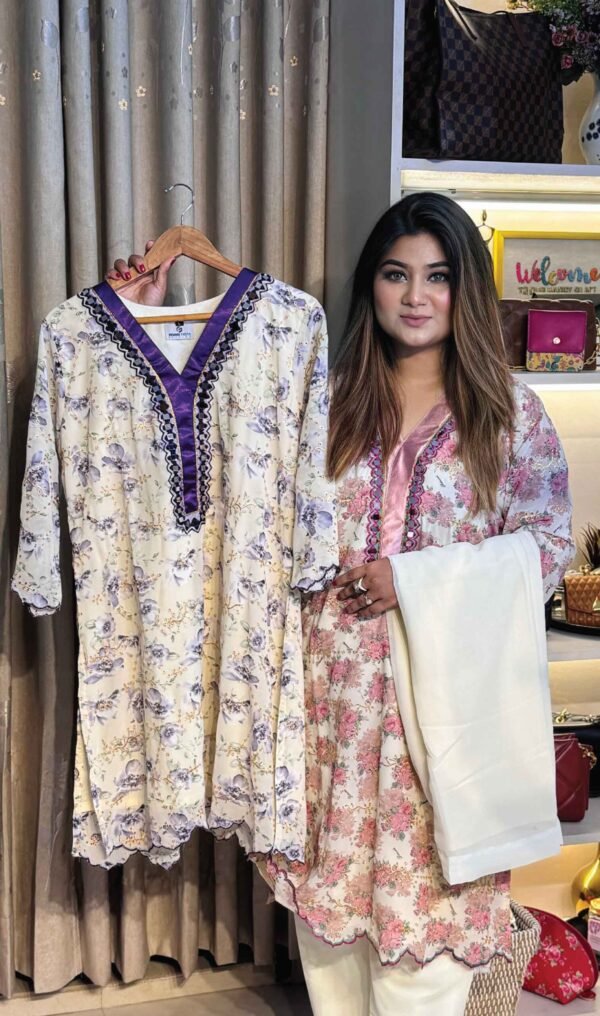 Lulusar-Style Georgette Co-Ord Set – Off White with Purple & Pink