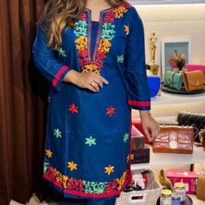 Magenta & Grey Blue Cotton Embroidered Set