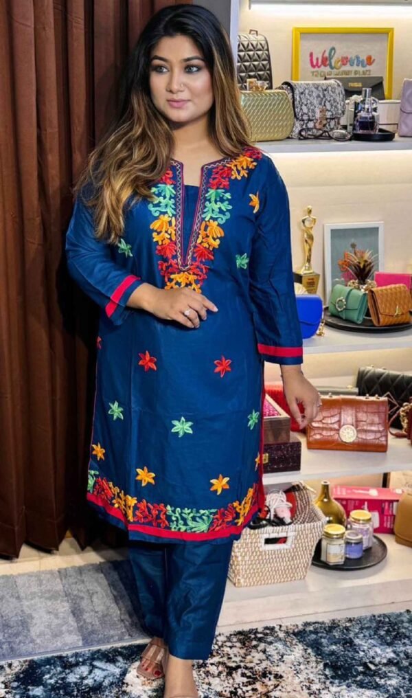 Magenta & Grey Blue Cotton Embroidered Set
