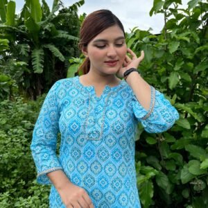 Vibrant Sky Blue Motif Two-Piece Outfit