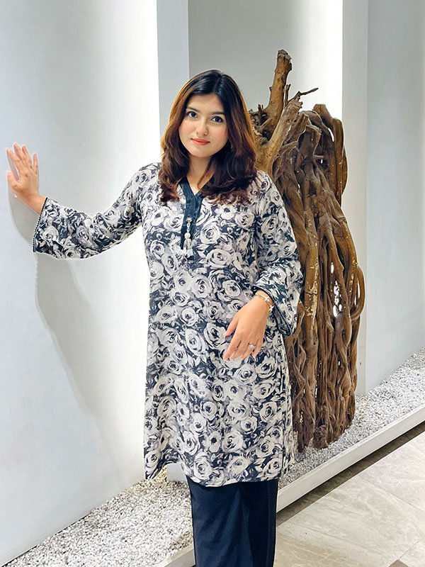 3 Elegant Grey Floral Korean Georgette One-Piece Dress - Image 1