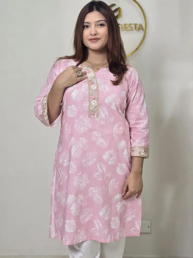 Premium Pure Cotton Embroidered Short Tunic – Baby Pink