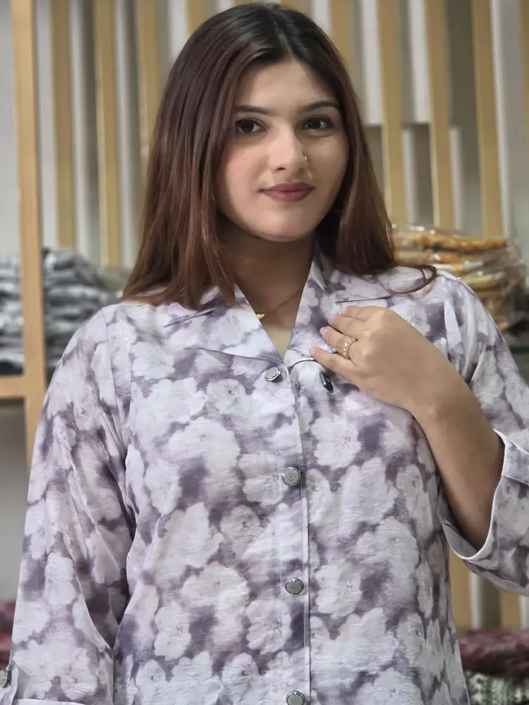 Floral Tissue Silk Jacquard Long Tunic – Lavender Grey