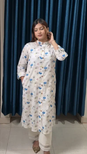 premium pure cotton floral long tunic with pocket –white & deep navy blue