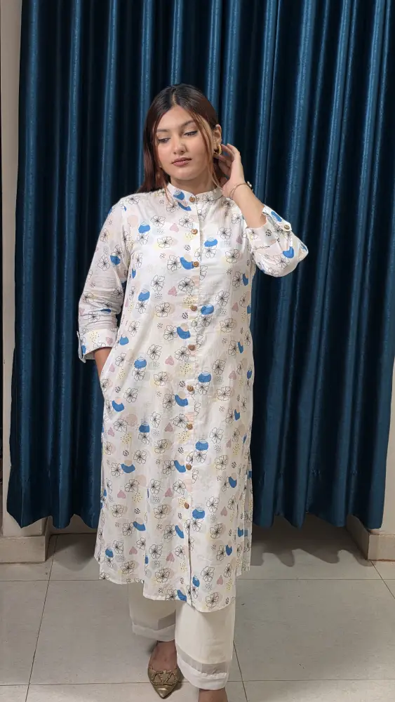 Premium Pure Cotton Floral Long Tunic with Pocket –White & Deep Navy Blue