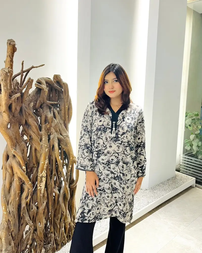 Monochrome Rose Print Korean Georgette Tunic – Black & Ash