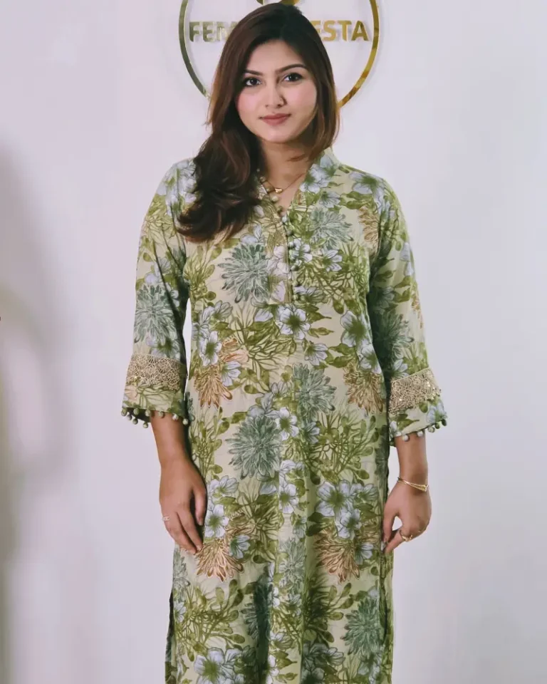 Premium Floral Cotton Tunic – Olive Green