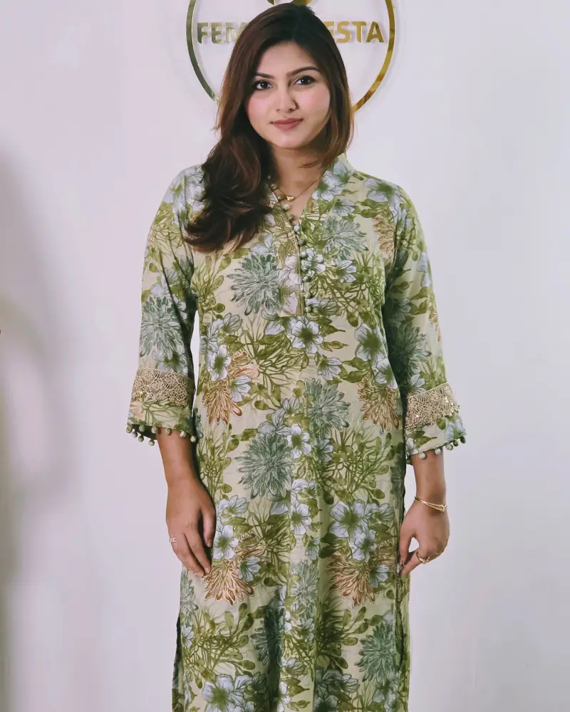 Premium Floral Cotton Tunic – Olive Green