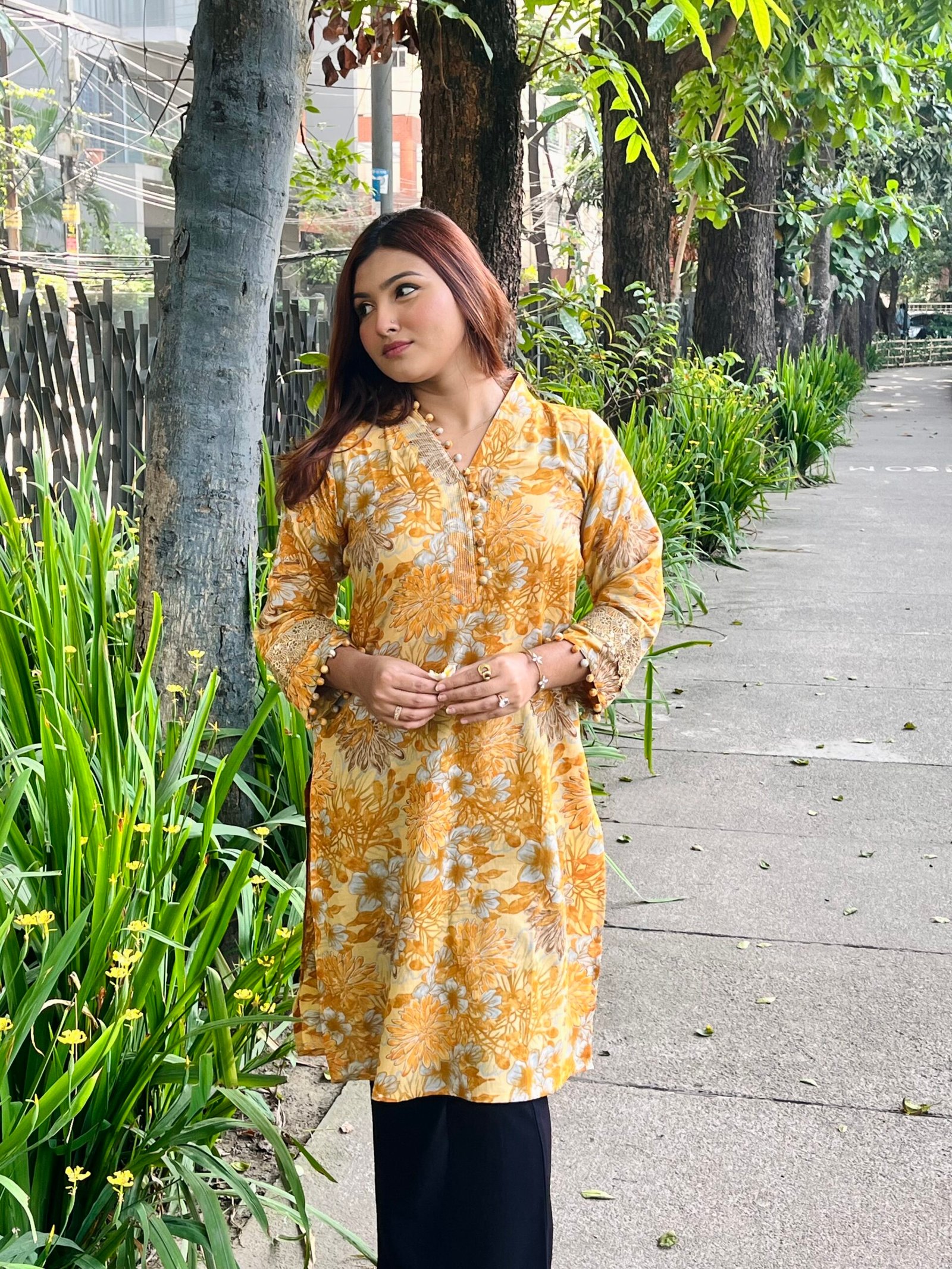 Premium Floral Cotton Tunic – Mustard Yellow