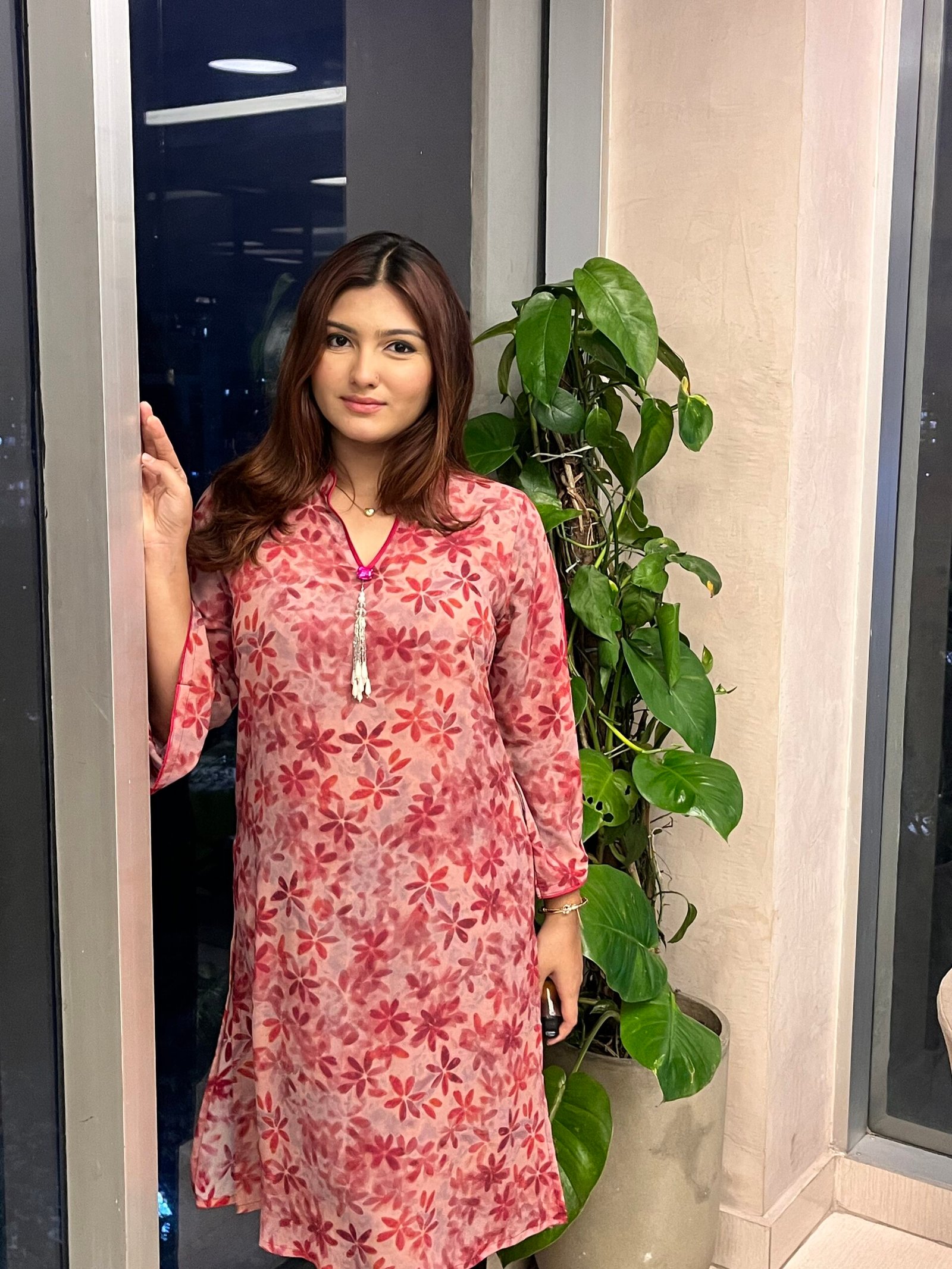 Floral Print Korean Double Georgette Tunic – Peach Pink