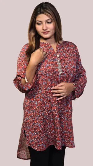 premium korean crepe georgette high low tunic – brick red multi