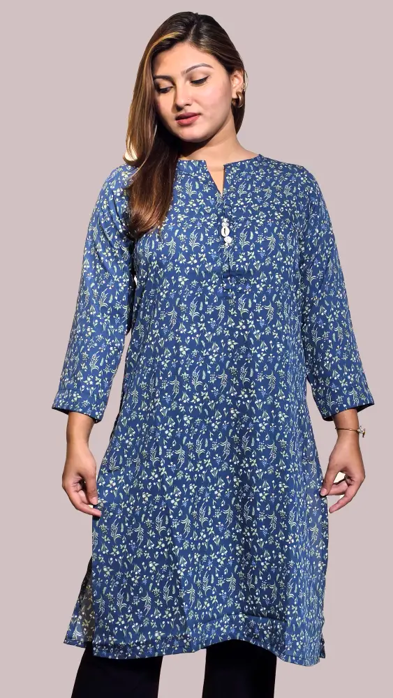 Premium Korean Georgette Floral Long Tunic – Indigo Blue